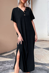 V-Ausschnitt Knopf lockeres Retro langes Kleid
